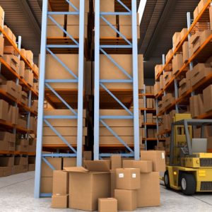 13253559 - 3d rendering of a distribution warehouse with shelves, racks, boxes, and forklift